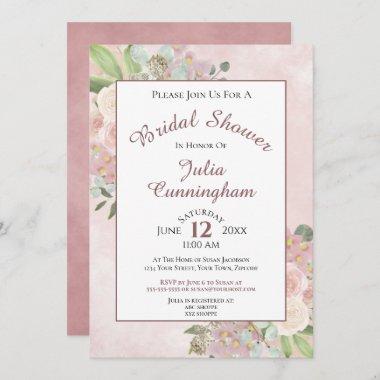 Elegant Watercolor Floral Mauve Pink Bridal Shower Invitations