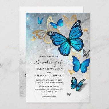 Elegant Watercolor Gold Blue Butterfly Wedding Invitations
