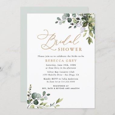 Elegant Watercolor Gold Greenery Bridal Shower Invitations