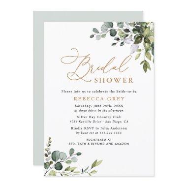 Elegant Watercolor Gold Greenery Bridal Shower Invitations