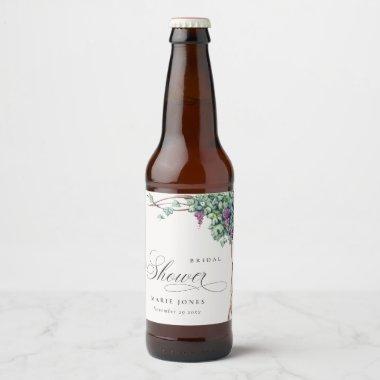 Elegant Watercolor Grapevine Fauna Bridal Shower Beer Bottle Label