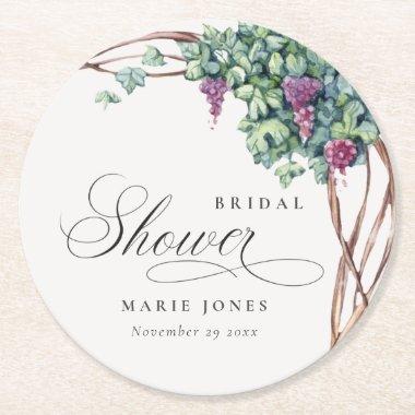 Elegant Watercolor Grapevine Fauna  Round Paper Coaster