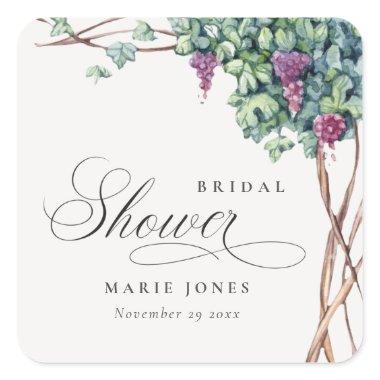 Elegant Watercolor Grapevine Fauna Bridal Shower Square Sticker