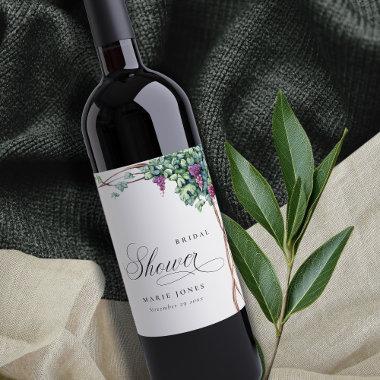 Elegant Watercolor Grapevine Fauna Bridal Shower Wine Label