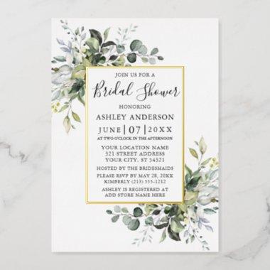 Elegant Watercolor Greenery Bridal Shower Gold Foil Invitations