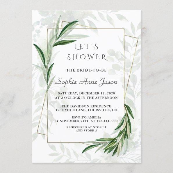 Elegant Watercolor Greenery Gold Bridal Shower Invitations