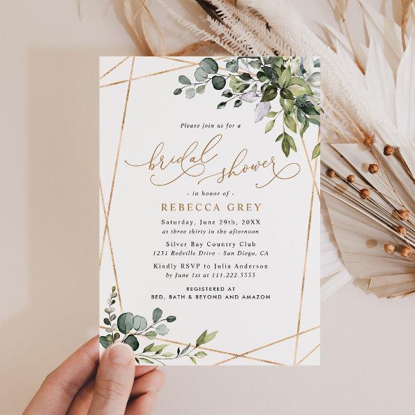 Elegant Watercolor Greenery Gold Bridal Shower Invitations
