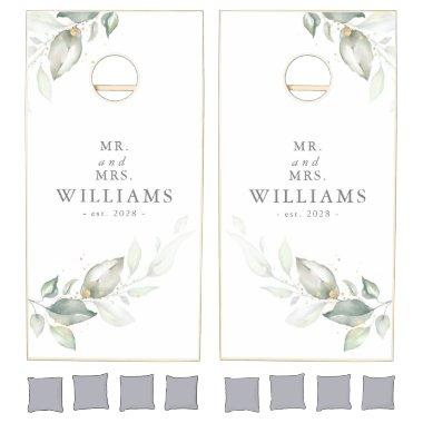 Elegant Watercolor Greenery Leaves Couples Names Cornhole Set