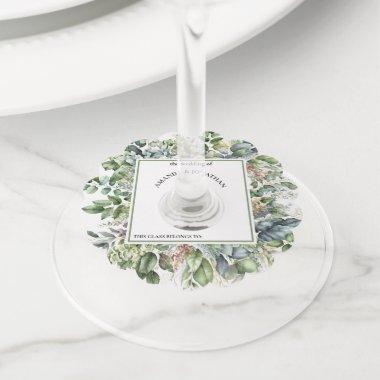 Elegant Watercolor Greenery Wedding Wine Glass Tag