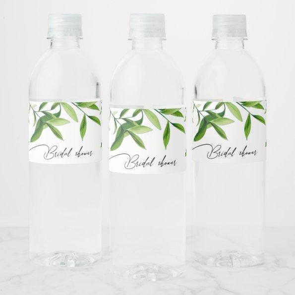 Elegant Watercolor Greennery Leaves Bridal Shower Water Bottle Label