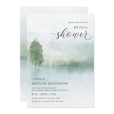 Elegant Watercolor Lake and Trees Bridal Shower Invitations