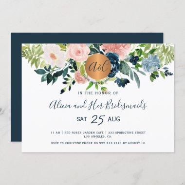 Elegant watercolor navy floral bridesmaids brunch Invitations
