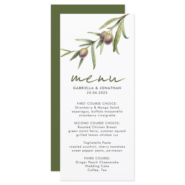 Elegant Watercolor Olive Branch Wedding Menu