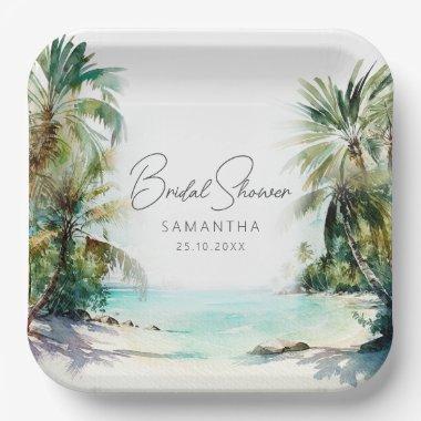 Elegant Watercolor Palm Tree Beach Bridal Shower Paper Plates