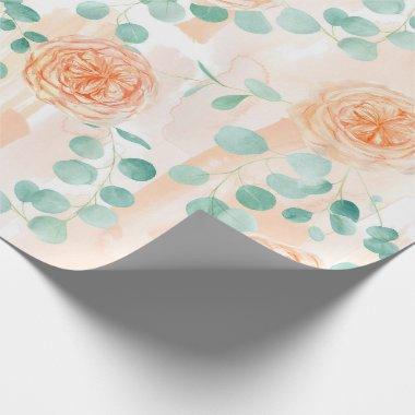 Elegant Watercolor Peach Floral Green Eucalyptus Wrapping Paper
