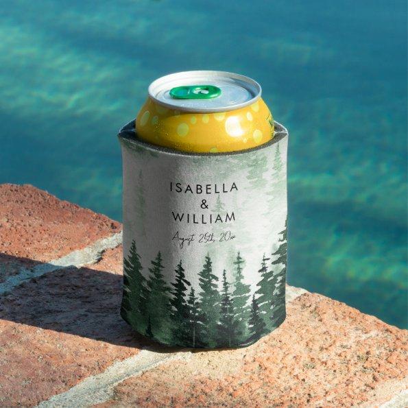 Elegant Watercolor Pine Forest Personalized Can Cooler