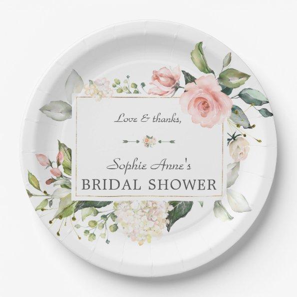 Elegant Watercolor Pink Blush Floral Bridal Shower Paper Plates