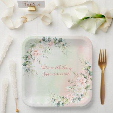 Elegant Watercolor Pink Blush Floral Wedding Paper Plates