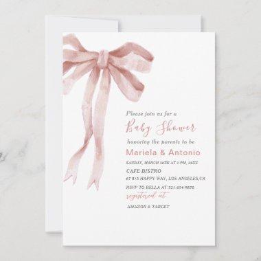 Elegant Watercolor Pink Bow Girl Baby Shower Invitations