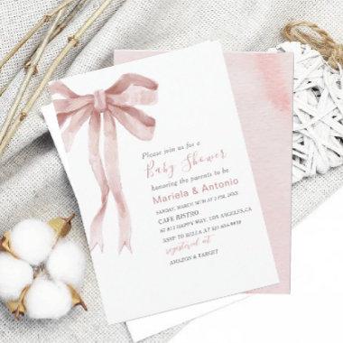 Elegant Watercolor Pink Bow Girl Baby Shower Invitations