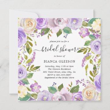 Elegant Watercolor Purple Floral Bridal Shower Invitations