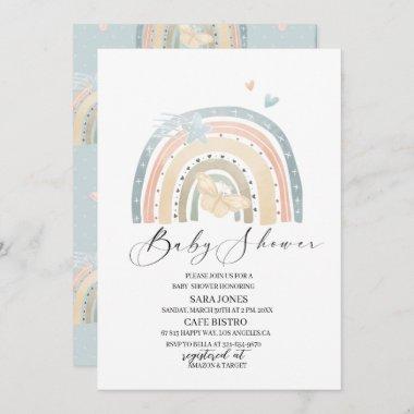 Elegant watercolor rainbow and butterfly Floral Invitations