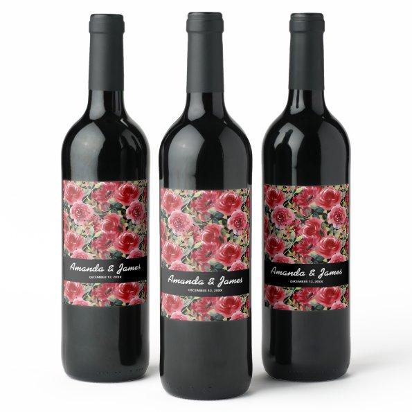 Elegant Watercolor Red Flowers Black Wedding Wine Label