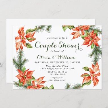 Elegant Watercolor Red Poinsettia COUPLE SHOWER Invitations