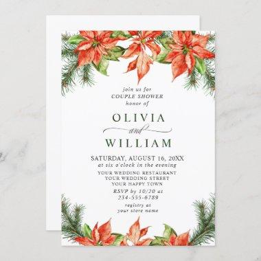 Elegant Watercolor Red Poinsettia COUPLE SHOWER Invitations