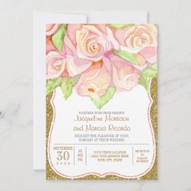 Elegant Watercolor Rose Floral Bouquet Pink Gold Invitations