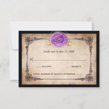 Elegant Watercolor Rose Rustic Gold Purple Wedding RSVP Card