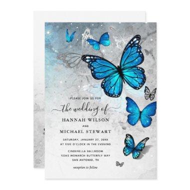 Elegant Watercolor Silver Blue Butterfly Wedding Invitations