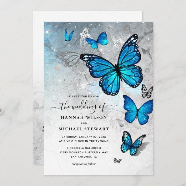Elegant Watercolor Silver Blue Butterfly Wedding Invitations