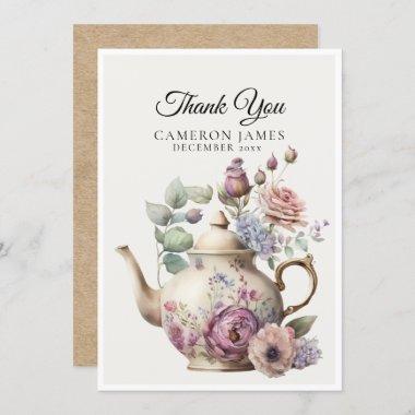 Elegant Watercolor Teapot Floral Tea Party Thank You Invitations