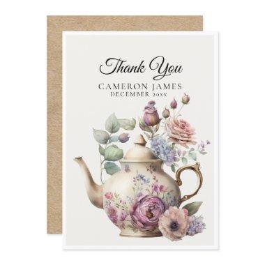 Elegant Watercolor Teapot Floral Tea Party Thank You Invitations