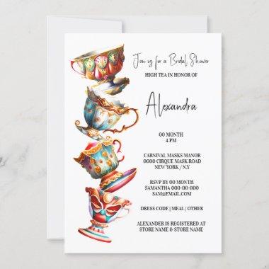 Elegant watercolor victorian stacked teacups high Invitations