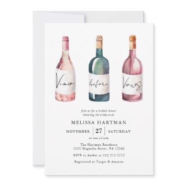 Elegant Watercolor Vino Before Vows Bridal Shower Invitations