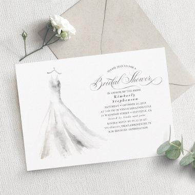 Elegant Watercolor Wedding Dress Bridal Shower Invitations