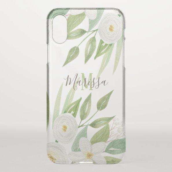 Elegant Watercolor White Floral Monogram iPhone XS Case