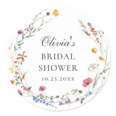 Elegant Watercolor Wild Flowers Bridal Shower Classic Round Sticker