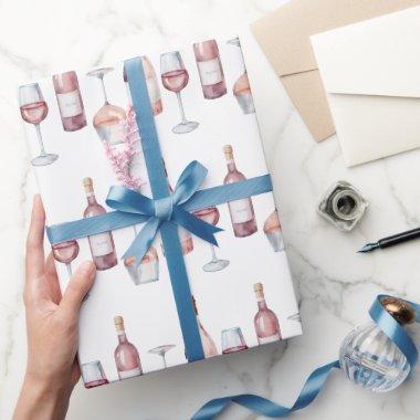 Elegant Watercolor Wine Bottles Rosé Pink Wrapping Paper
