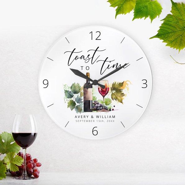 Elegant Watercolor Wine Themed Couple Names Large Clock