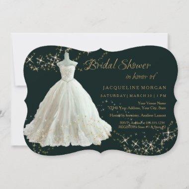 Elegant Wedding Gown Gold Sparkle Bridal Shower In Invitations