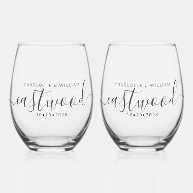 Elegant Wedding Monogram Drinkware Set Stemless Wine Glass