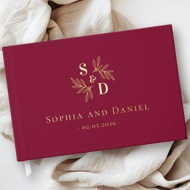 Elegant wedding monogram greenery leaves burgundy foil guest book