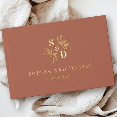 Elegant wedding monogram greenery leaves real foil foil guest book