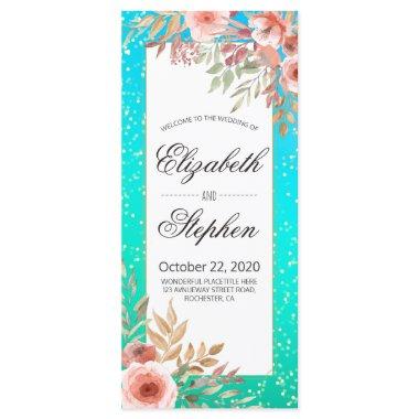 Elegant Wedding Program Pink Floral Teal Gold Dots