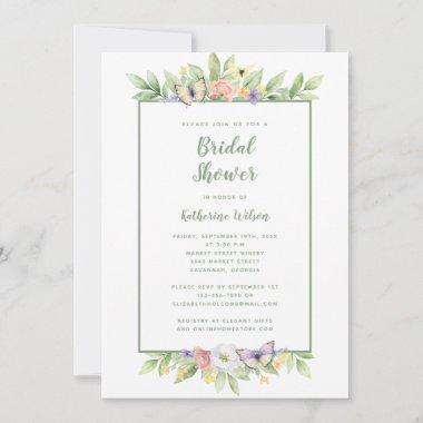 Elegant Wedding Watercolor Floral Butterfly Green Invitations