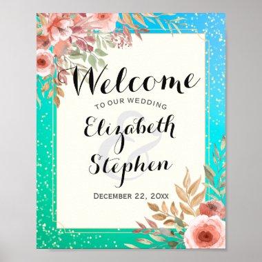 Elegant Wedding Welcome Pink Floral Teal Gold Dots Poster