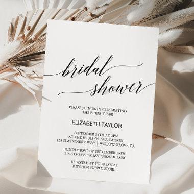 Elegant White and Black Calligraphy Bridal Shower Invitations